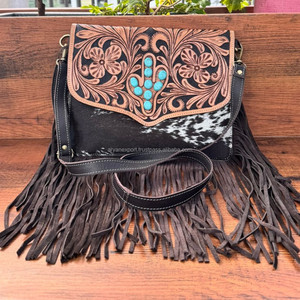 Handmade Hair on Tooled Leather Cactus Turquoise Stone Fringe Crossbody Bag Western Genuine Leather <b>Conceal</b> Carry Women's Purse - Product Image 2