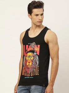 Camiseta sin Mangas Negra para Hombre con Estampado Gráfico de León, Cuello Redondo, Estilo Casual, 100% Algodón, Transpirable - Product Image 5