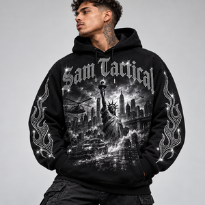 Sweat-shirt à capuche oversize pour homme, imprimé lettres en strass, style hip-hop, manches flamme noires, prix abordable, personnalisable OEM - Product Image 2