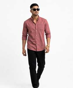 <b>Men's</b> Solid <b>Pink</b> Herringbone Summer Long Sleeve Casual <b>Shirt</b> Turn-down Collar Single Breasted Loose Fit 100% Polyester - Product Image 1