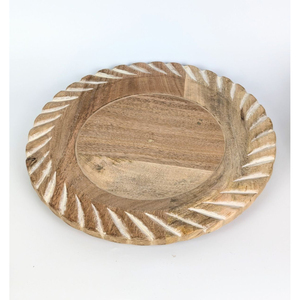 Assiette décorative ronde en bois avec motif floral gravé, design chinois traditionnel, plat de service fait main, assiette à dîner en bois - Product Image 6