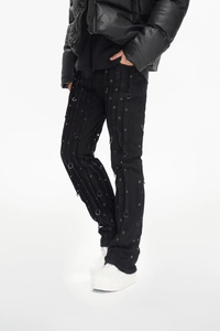 High Quality Cotton Men <b>Jeans</b> American Highstreet Brand Hiphop Mid-Rise Flare Fit Ruffles Corn Ring Black Wash Men's Denim <b>Jeans</b> - Product Image 6