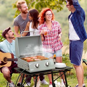 Light Grey 2-Burner Propane Gas <b>Tabletop</b> BBQ Grill Portable with Foldable Legs and Lid Thermometer for Camping - Product Image 2