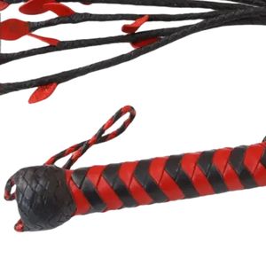 Handmade Leather Flogger With Thick Handle And Wrist Strap Red Black Striped Design - Product Image 1