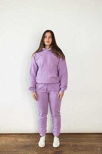 Ensemble de survêtement unisexe violet à capuche 100 % coton, couleur unie décontractée, pantalon et sweat à capuche à manches longues avec cordon de serrage, coupe ample pour adulte, automne - Product Image 3