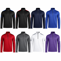 Kaos Latihan Lengan Panjang Kerah V Custom Quarter-Zip, Panel Bahu Biru, Cepat Kering, Menyerap Keringat, untuk Tim