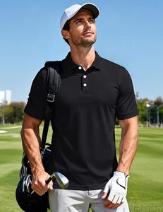 Polo de Manga Corta Negro para Hombre, Color Sólido, Tela Popelina Transpirable, Camisas de Golf de Corte Regular - Product Image 1