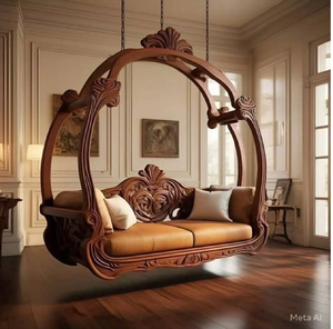 Balançoire royale en bois sculpté avec des accents dorés et un grand cadre de toit, disponible à prix de gros. - Product Image 3
