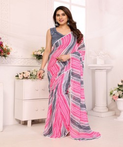 Sari de poliéster con estampado digital rosa y gris, listo para usar, con blusa para mujer, ropa informal, estilo tradicional de India y Pakistán. - Product Image 1