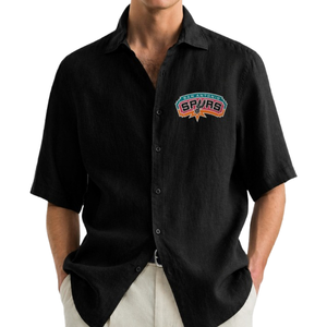 San Antonio Spurs Black Short Sleeve Button-Up <b>Shirt</b> With Colorful Stripes with Turn Down Collar Loose Fit Cotton Casual Wear - Product Image 4
