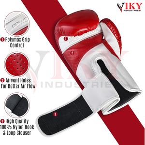 Gants de boxe en cuir artificiel bicolores rouge et blanc, ajustement ergonomique avec paume perforée respirante et sangle de poignet sécurisée - Product Image 3