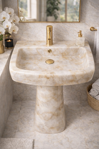 Vasque de salle de bain sur piétement en onyx naturel de luxe avec robinet doré, lavabo moderne en marbre - Product Image 5