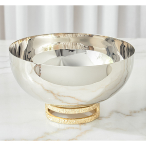Cuenco de Pedestal de Acero Inoxidable Pulido Plateado con Base Texturizada Dorada, Plato Moderno Hecho a Mano para Compota, Lujoso Centro de Mesa para Bodas - Product Image 2
