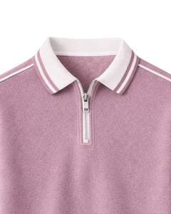 Polo de hombre personalizado con media cremallera, rosa empolvado con cuello blanco a rayas, manga corta, tejido texturizado, top informal, OEM personalizado - Product Image 4