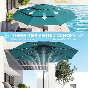 Ombrellone da Patio a 3 Livelli, Raggio 2,5m, Colore Teal, con Luci LED Solari e Manovella Inclinabile per Uso in Cortile - Product Image 5