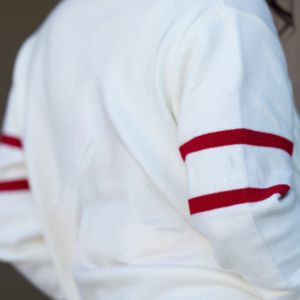 Cardigan pour femme en maille acrylique décontractée, col en V brodé sur mesure, double boutonnage, motif torsadé, rouge et blanc, modèle Delta DST - Product Image 5