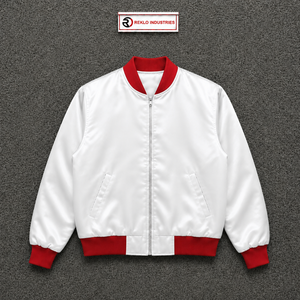 Blouson universitaire en satin blanc avec col, poignets et ceinture côtelés rouges – Blouson bomber brillant haut de gamme personnalisé pour hommes – Vente en gros - Product Image 5