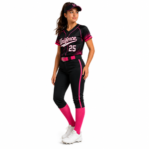 Ensemble uniforme de baseball personnalisé pour femme 2026 – Maillot à col et pantalon en polyester/coton sublimé, noir et rose, coupe courte d'été - Product Image 2