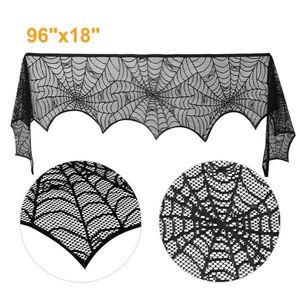 2 Piezas de Mantón de Halloween de 96"x18" con Encaje Negro, Diseño de Telaraña y Murciélago, Tela Suave Antiarrugas para Decoración del Hogar - Product Image 4
