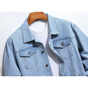 เสื้อแจ็คเก็ตยีนส์ผู้ชายสีฟ้าอ่อน คอตั้ง ซักสีพื้น กันลม ผ้าฝ้าย 100% สไตล์ลำลอง สตรีทแวร์ ติดกระดุมแถวเดียว - Product Image 3