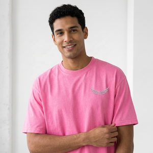 <b>Pink</b> Oversized Short Sleeve T-Shirt with Embossed Wing Logo Men's Casual Knitted Cotton O-Neck <b>Top</b> - Product Image 4