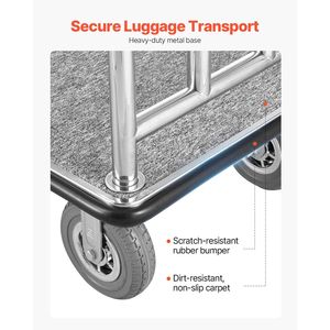 Hotel Luggage Cart 1200 LBS Load Capacity <b>Brushed</b> Stainless Steel Finish Bellman's Cart Valet Cart with Grey Carpeted <b>Deck</b> - Product Image 5