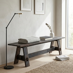 Banco largo Mykonosh de madera premium, minimalista, de madera maciza oscura recuperada, para cocina, comedor, asientos, banco de madera natural rústica. - Product Image 2