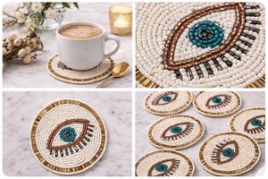 Round Embroidered Eye <b>Coaster</b> Set Textile Drink Mat Mediterranean Style Durable Home Decor - Product Image 4