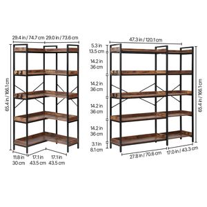 Libreria ad angolo a L in metallo resistente da 166 cm con 5 ripiani e 4 ganci, scaffale industriale con mensole in legno - Product Image 5