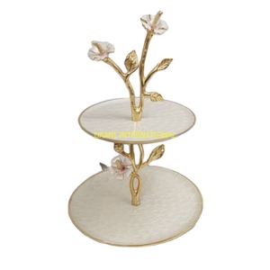 Plateau à gâteau à deux niveaux en aluminium avec motif floral émaillé en forme de branche dorée, résistant au four, pour mariages, fêtes, hôtels, outil décoratif pour gâteaux - Product Image 1