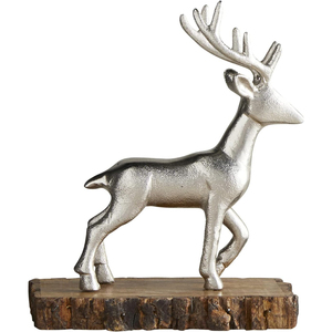 Escultura de Reno de Aluminio Plateado al por Mayor con Base de Madera Rústica, Figura Moderna de Ciervo Metálico para Centro de Mesa Navideño - Product Image 1
