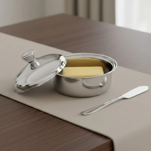 Classic Handmade Stainless Steel Butter Box With Knife and Circular Shape For Breakfast Table <b>Used</b> - Product Image 1