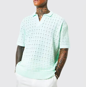 Chemises d'été décontractées surdimensionnées pour hommes, à manches courtes, boutonnées sur le devant, avec impression brodée personnalisée, en coton tricoté 100% uni - Product Image 3