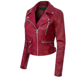 Women's Red PU Leather Windproof Moto <b>Jacket</b> Full Sleeve Regular Length Solid Color Biker Style Spring Autumn Wear - Product Image 6