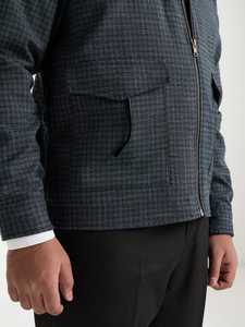 Navy Plaid Regular Zippered Casual Winter 100% <b>Wool</b> Blouson Jacket - Product Image 2