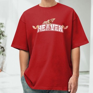เสื้อยืดโอเวอร์ไซส์สีแดงพิมพ์ลาย Heaven สำหรับผู้ชาย แขนสั้น คอกลม ผ้าคอตตอนเจอร์ซีย์ สไตล์สตรีทแวร์ - Product Image 1
