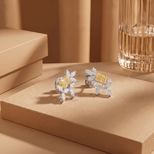 Pendientes de diamantes cultivados en laboratorio, corte radiante amarillo, oro blanco, halo floral, joyería fina de lujo para novias, regalo para mujeres - Product Image 4