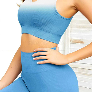 <b>Women</b> Yoga Set Gradient Blue <b>White</b> High Waist <b>Leggings</b> Square Neck Non-Convertible Straps Crop Top 2 Piece Spandex Polyester - Product Image 4