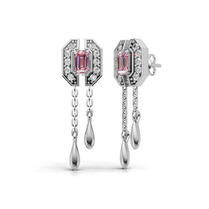 IGI Certified Lab Grown Diamond Pink Emerald Cut Tassel Drop <b>Earrings</b> in 18K <b>Gold</b> | Chain Dangle <b>Earrings</b> - Product Image 1