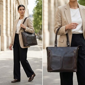 Womens Genuine Leather Vintage Lightweight Zipper Closure Two <b>Straps</b> Tote <b>Bag</b> Crossbody <b>Shoulder</b> Office Handbag - Product Image 5