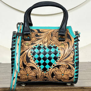 Sac de voyage en cuir artisanal Western avec motif cœur turquoise, sac fourre-tout, sacoche cylindrique, sacs à main de mode pour femmes - Product Image 4