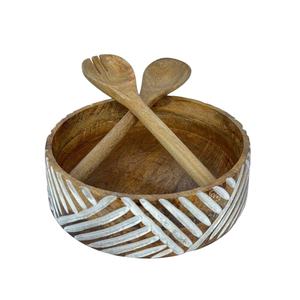 Ensemble de saladiers en bois de manguier faits à la main avec ustensiles de service assortis, design moderne blanc peint à la main, résine époxy alimentaire - Product Image 1