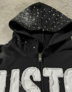 Sudadera con capucha de algodón grueso personalizada con cremallera, apliques bordados desgastados, corte holgado, estilo vintage, lavado ácido, con pedrería - Product Image 3