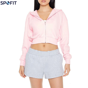 High Quality Women's Cropped Zip-Up <b>Hoodie</b> Long Sleeve DrawstringWinter Breathable Jacket with Pockets <b>Pink</b> - Product Image 4