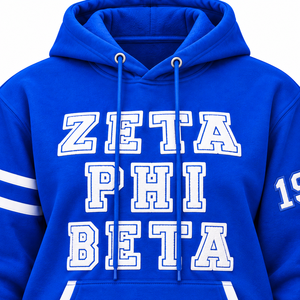 Sudadera con Capucha de Felpa Bordada Zeta Phi Beta para Mujer, Azul Rey y Blanco, Letras Universitarias, Mangas a Rayas, Estilo 1920 - Product Image 5