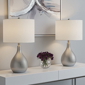 Sleek design Hammered Silver <b>Table</b> Lamp Set of 2 Luxury Textured Metal Base White Fabric Shade Elegant <b>Bedside</b> Nightstand Light - Product Image 5