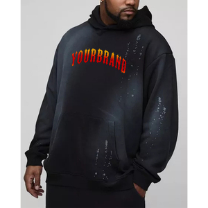 Men's <b>Black</b> 100% Cotton Custom Printed Embroidered Sun Fade Distressed <b>Fleece</b> Oversized Pullover Hoodie Drop Shoulder Spray Wash - Product Image 4