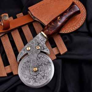 Couteau à pizza Viking en acier inoxydable Damas fait main avec lame Viking en bois de rose, coupe-pizza Valhalla - Product Image 5