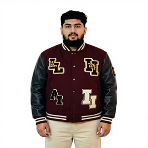 Custom Men's Melton Wool Varsity <b>Jacket</b> with Leather Sleeves Patchwork Design Stand <b>Collar</b>-Windproof & Waterproof Wholesale - Product Image 1