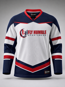 เสื้อฮอกกี้น้ำแข็งผู้ชาย Fly Humble คอวี แขนยาว สีขาว-น้ำเงิน พิมพ์ลายดิจิทัล ระบายเหงื่อได้ดี สายปรับได้ ใส่ได้ทุกฤดู - Product Image 5